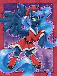 Size: 1791x2360 | Tagged: safe, artist:dandy, derpibooru import, princess luna, alicorn, belt, bow, christmas, clothes, commission, copic, cute, ear fluff, eyeshadow, female, hat, holiday, horn, image, looking at you, makeup, open mouth, open smile, png, santa hat, skirt, smiling, smiling at you, socks, solo, stockings, thigh highs, traditional art, wings