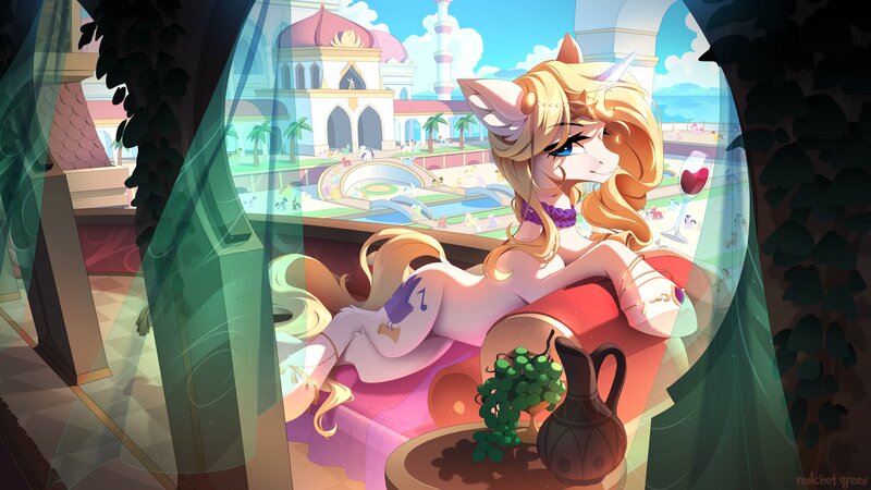 Size: 3000x1687 | Tagged: safe, alternate version, artist:redchetgreen, derpibooru import, apple bloom, applejack, discord, fluttershy, pinkie pie, rainbow dash, rarity, scootaloo, spike, sweetie belle, twilight sparkle, oc, oc:blue haze, unofficial characters only, pony, saddle arabian, unicorn, alcohol, blonde, blonde hair, blonde mane, blue eyes, clothes, cutie mark crusaders, drink, female, food, glass, grapes, horn, image, jpeg, looking at you, lounging, magic, mane six, mare, pitcher, smiling, smiling at you, solo focus, telekinesis, unicorn oc, wine, wine glass