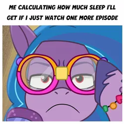 Size: 1080x1080 | Tagged: episode needed, safe, derpibooru import, edit, edited screencap, official, screencap, izzy moonbow, pony, unicorn, g5, my little pony: tell your tale, female, frown, goggles, image, jpeg, mare, meme, solo, text