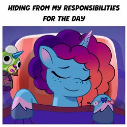 Size: 1080x1080 | Tagged: safe, derpibooru import, edit, edited screencap, official, screencap, pony, unicorn, g5, my little pony: tell your tale, spoiler:g5, spoiler:my little pony: tell your tale, spoiler:tyts01e65, blanket, bracelet, coat markings, crystal brighthouse, eyes closed, female, image, jewelry, jpeg, madame taffytail, mare, misty brightdawn, misty moves in, pillow, rebirth misty, sleeping, smiling, socks (coat marking), solo, text, unshorn fetlocks