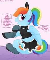 Size: 3008x3630 | Tagged: safe, artist:pabbley, artist:rainbowšpekgs, derpibooru import, rainbow dash, pegasus, pony, alternate hairstyle, clothes, cute, dialogue, female, g4, image, implied anon, looking back, maid, mare, open mouth, png, ponytail, sitting, socks, solo, speech bubble, stockings, thigh highs