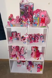 Size: 750x1117 | Tagged: safe, artist:thebronypony123, derpibooru import, pinkie pie, earth pony, pony, collection, figure, image, jpeg, multeity, shelf, solo, too much pink energy is dangerous
