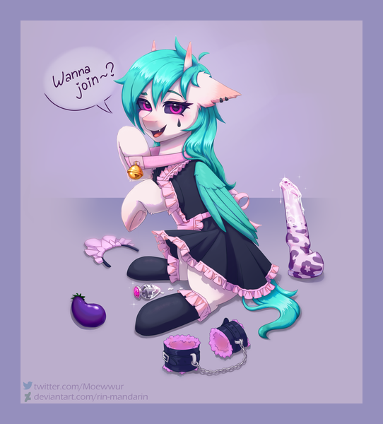 Size: 2800x3100 | Tagged: explicit, artist:moewwur, artist:rin-mandarin, derpibooru import, oc, oc:rainbow rivey, unofficial characters only, pegasus, pony, bell, bell collar, blue mane, buttplug, clothes, collar, commission, crossdressing, cuffs, derpibooru exclusive, dress, ear piercing, earring, eggplant, femboy, food, full body, horns, image, jewelry, lace, light fur, long mane, looking at you, lube, lubed, maid, maid headdress, male, males only, pegasus oc, pegasus wings, piercing, png, purple eyes, purple underwear, sex toy, shiny, socks, underwear, wings