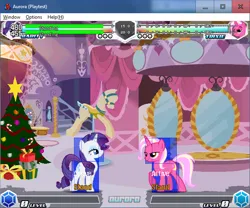 Size: 642x535 | Tagged: safe, artist:alethila, derpibooru import, rarity, trixie, fighting is magic, background, carousel boutique, christmas, christmas tree, fighting is magic aurora, game, game screencap, holiday, image, png, recolor, tree
