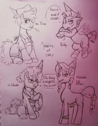 Size: 3071x3935 | Tagged: safe, artist:dsstoner, ponerpics import, ponybooru import, madame le flour, mr. turnip, rocky, sir lintsalot, ponified, earth pony, pegasus, pony, unicorn, party of one, clothes, female, image, jpeg, male, mare, species swap, stallion, traditional art