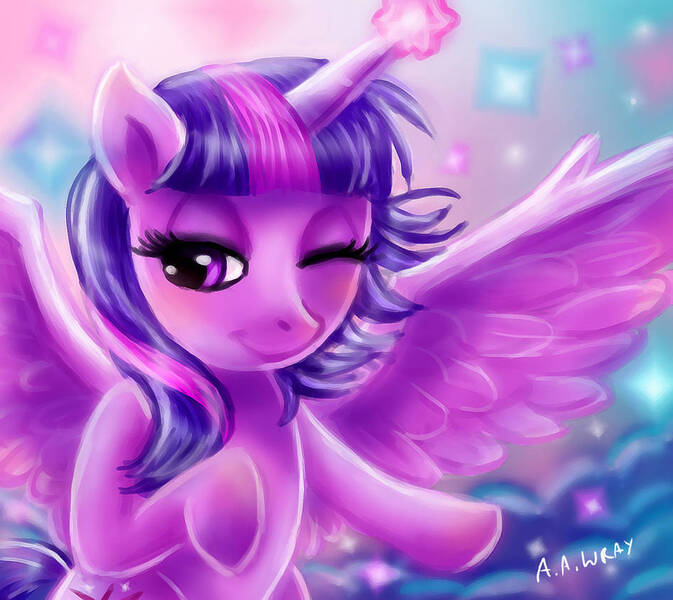 Size: 947x844 | Tagged: safe, artist:loveless-nights, derpibooru import, twilight sparkle, twilight sparkle (alicorn), alicorn, pony, female, glow, glowing horn, horn, image, jpeg, mare, one eye closed, signature, smiling, spread wings, wings