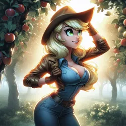 Size: 1024x1024 | Tagged: suggestive, ai content, derpibooru import, machine learning generated, applejack, human, apple, belt, big breasts, breasts, busty applejack, cleavage, clothes, cute, denim, food, generator:dall-e 3, gloves, hat, humanized, image, jacket, jeans, jpeg, looking up, orchard, pants, shirt, smiling, wide hips