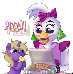 Size: 2000x2050 | Tagged: safe, artist:morello, derpibooru import, oc, oc:hay meadow, unofficial characters only, bird, chicken, pony, unicorn, animatronic, bow, chica, clothes, commission, crossover, duo, ear piercing, earring, eating, eyeshadow, female, fingerless gloves, five nights at freddy's, five nights at freddy's: security breach, food, glamrock chica, gloves, hair bow, image, jewelry, lipstick, makeup, mare, open mouth, piercing, pizza, pizza box, png, simple background, transparent background, ych result