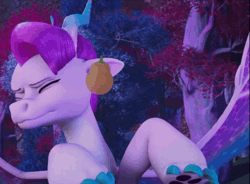 Size: 1048x770 | Tagged: safe, derpibooru import, edit, edited screencap, screencap, g5, my little pony: make your mark, spoiler:g5, spoiler:my little pony: make your mark, spoiler:my little pony: make your mark chapter 6, spoiler:mymc06e03, animated, assault, cropped, fruit, gif, hitting, image, jade (g5), my little pony: make your mark chapter 6, roots of all evil, solo, tree