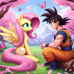 Size: 1024x1024 | Tagged: safe, ai content, derpibooru import, machine learning generated, butterfly, human, insect, pegasus, pony, anime, crossover, dragon ball, dragon ball z, female, human male, image, jpeg, male, mare, prompter:meshari7, son goku, tree