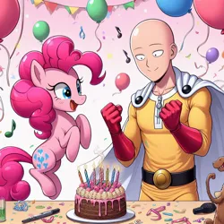 Size: 1024x1024 | Tagged: safe, ai content, derpibooru import, machine learning generated, pinkie pie, earth pony, human, pony, anime, balloon, birthday, cake, candle, crossover, female, food, image, jpeg, male, one punch man, party, prompter:meshari7, saitama