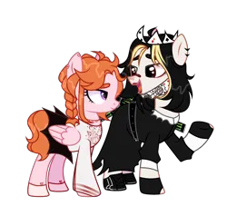 Size: 3122x2977 | Tagged: safe, artist:chafer7lin, derpibooru import, oc, oc:angel petals, oc:jezza belle, unofficial characters only, earth pony, pegasus, pony, derpibooru community collaboration, 2024 community collab, bandaid, bandaid on nose, belt, boots, can, choker, clothes, crown, dress, drink, duo, ear piercing, earring, energy drink, eyeshadow, female, fingerless gloves, gloves, gun, image, jewelry, lesbian, lipstick, looking at each other, looking at someone, makeup, mare, mask, monster energy, oc x oc, open mouth, piercing, playing card, png, raised hoof, regalia, shipping, shirt, shoes, simple background, skirt, socks, stockings, sweater, thigh highs, transparent background, weapon