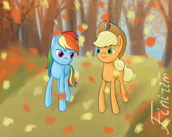 Size: 2500x2000 | Tagged: safe, artist:finirim, derpibooru import, applejack, rainbow dash, earth pony, pegasus, pony, fall weather friends, autumn, duo, duo female, female, g4, hat, image, looking at each other, looking at someone, png, running of the leaves, smiling, smiling at each other