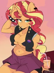Size: 1517x2048 | Tagged: suggestive, artist:darkdoubloon, derpibooru import, sunset shimmer, anthro, unicorn, equestria girls, belly button, belly piercing, bisexual pride flag, bracelet, breasts, busty sunset shimmer, cleavage, clothes, ear piercing, female, image, jacket, jpeg, looking at you, piercing, pride, pride flag, sitting, skirt, sleeveless, solo, solo female, spiked wristband, straw, sweat, wristband