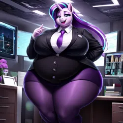 Size: 1024x1024 | Tagged: safe, ai content, derpibooru import, machine learning generated, stable diffusion, starlight glimmer, anthro, unicorn, bbw, big breasts, breasts, business suit, busty starlight glimmer, button-up shirt, clothes, derpibooru exclusive, fat, female, g4, huge breasts, image, necktie, office, open mouth, open smile, png, prompter:professordoctorc, shirt, smiling, socks, starlard glimmer, stockings, thigh highs, thighs, thunder thighs