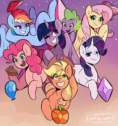 Size: 1718x1832 | Tagged: safe, artist:darkdoubloon, derpibooru import, applejack, fluttershy, pinkie pie, rainbow dash, rarity, spike, twilight sparkle, twilight sparkle (alicorn), alicorn, dragon, earth pony, pegasus, pony, unicorn, female, food, gem, image, jpeg, looking at you, mane seven, mane six, one eye closed, open mouth, pie, smiling, smiling at you