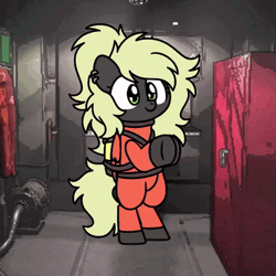 Size: 600x600 | Tagged: safe, artist:sugar morning, derpibooru import, oc, oc:veen sundown, unofficial characters only, pegasus, pony, air tank, animated, bipedal, clothes, dancing, ear piercing, female, green eyes, hazmat suit, image, lethal company, mare, music, piercing, ponytail, shoes, solo, webm