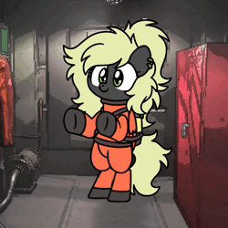 Size: 600x600 | Tagged: safe, artist:sugar morning, derpibooru import, oc, oc:veen sundown, unofficial characters only, pegasus, pony, air tank, animated, bipedal, clothes, dancing, ear piercing, female, gif, green eyes, hazmat suit, image, lethal company, mare, music, piercing, ponytail, shoes, solo