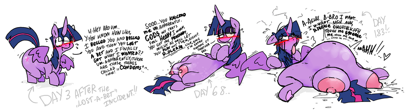 Size: 3869x1060 | Tagged: questionable, artist:roksim, derpibooru import, twilight sparkle, twilight sparkle (alicorn), alicorn, pony, ahegao, areola, begging, belly, belly button, big areola, big belly, big crotchboobs, blushing, breast milk, comic, crotchboobs, cutie mark, dialogue, eyes rolling back, female, g4, hooves, horn, horny, huge crotchboobs, image, implied sex, lactation, lidded eyes, looking at you, lying down, makeup, mare, messy mane, messy tail, milk, milk squirt, nipples, nudity, on back, open mouth, open smile, png, preglight sparkle, pregnant, progression, running makeup, shivering, smiling, smiling at you, solo, solo female, spread wings, standing, tail, tongue out, wings
