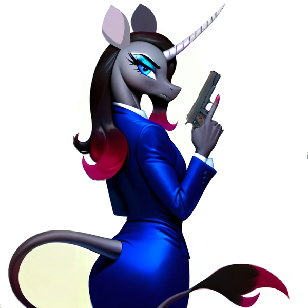 Size: 3072x3072 | Tagged: safe, ai content, derpibooru import, machine learning generated, stable diffusion, oleander (tfh), them's fightin' herds, blue dress, blue eyes, clothes, community related, formal wear, generator:purplesmart.ai, gun, handgun, image, james bond, leonine tail, m1911, pistol, png, simple background, solo, spy, suit, tail, trigger discipline, weapon, white background