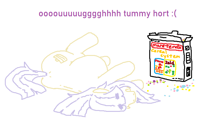 Size: 689x397 | Tagged: safe, artist:jargon scott, derpibooru import, oc, oc:dot matrix, unofficial characters only, earth pony, pony, cereal, cereal box, doodle, female, food, image, lying down, mare, png, side, simple background, solo, stuffed belly, tummy ache, white background