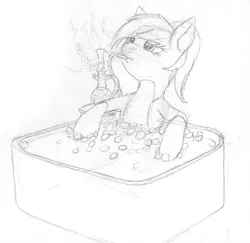Size: 1235x1200 | Tagged: safe, artist:styroponyworks, derpibooru import, oc, oc:sunnyside, unofficial characters only, pony, bits, female, hookah, hot tub, image, jpeg, like a boss, rich, sketch, smoking, solo