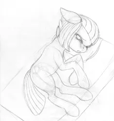 Size: 1275x1358 | Tagged: safe, artist:styroponyworks, derpibooru import, limestone pie, earth pony, pony, crying, female, floppy ears, image, jpeg, mattress, sad, sketch, solo