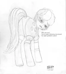 Size: 1275x1438 | Tagged: safe, artist:styroponyworks, derpibooru import, oc, oc:ultramare, unofficial characters only, earth pony, pony, butt, clothes, dock, female, image, jpeg, looking at you, looking back, plot, sketch, solo, standing, suit, tail, text, ultrabutt, unamused