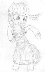 Size: 1010x1596 | Tagged: safe, artist:styroponyworks, derpibooru import, photo finish, earth pony, pony, bipedal, clothes, dress, ear piercing, earring, female, german, grin, image, jewelry, jpeg, piercing, sketch, slippers, smiling, solo, spanish, standing on two hooves, text