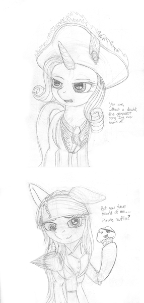 Size: 1050x2200 | Tagged: safe, artist:styroponyworks, derpibooru import, derpy hooves, rarity, pony, unicorn, clothes, duo, duo female, eyepatch, female, floppy ears, food, hat, headscarf, horn, image, jpeg, movie reference, muffin, multiple horns, pirates of the caribbean, scarf, sketch, standing, text, tricorn