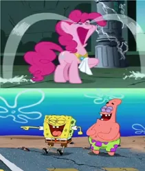 Size: 824x975 | Tagged: safe, artist:stacey16, derpibooru import, pinkie pie, earth pony, human, pony, crying, female, image, jpeg, laughing, male, patrick star, spongebob squarepants, the spongebob squarepants movie