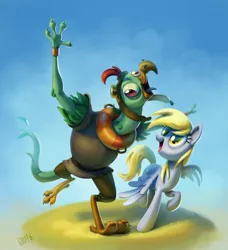 Size: 1869x2048 | Tagged: safe, artist:brdte, derpibooru import, derpy hooves, anthro, bird, digitigrade anthro, parrot pirates, pegasus, pony, my little pony: the movie, duo, duo male and female, female, image, jpeg, male, mare, one wing out, open mouth, open smile, ornithian, pirate, smiling, squabble, wings