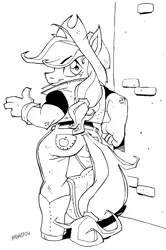 Size: 2102x3164 | Tagged: safe, artist:avengedog, derpibooru import, applejack, anthro, earth pony, pony, applebutt, ass, black and white, boots, brick wall, butt, clothes, cowboy boots, female, gloves, grayscale, high res, image, lineart, looking at you, looking back, looking back at you, mare, monochrome, mouth hold, png, shoes, smiling, smiling at you, solo, thumbs up, toothpick