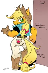 Size: 2102x3164 | Tagged: safe, artist:avengedog, derpibooru import, applejack, anthro, earth pony, pony, applebutt, ass, boots, brick wall, butt, clothes, colored, cowboy boots, female, gloves, high res, image, looking at you, looking back, looking back at you, mare, mouth hold, png, shoes, simple background, smiling, smiling at you, solo, thumbs up, toothpick, white background