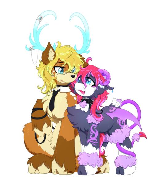 Size: 3284x3853 | Tagged: safe, artist:焰心fireworks, derpibooru import, oc, oc:夕霞•焰心, oc:晨辉•焰心, deer, deer pony, hybrid, original species, pony, succubus, succubus pony, derpibooru community collaboration, 2024 community collab, female, image, male, mare, png, stallion