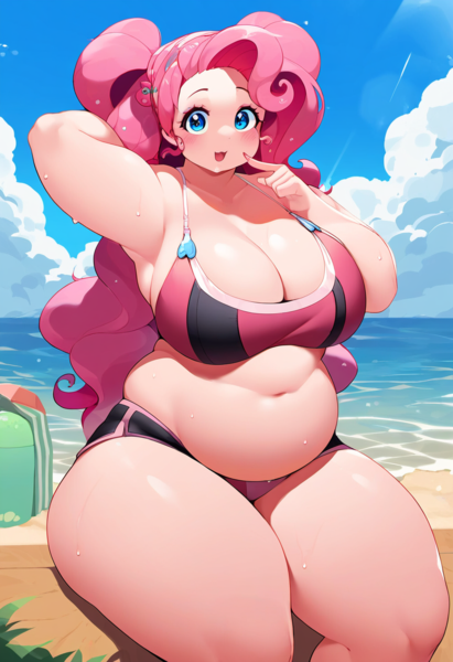 Size: 832x1216 | Tagged: suggestive, ai content, derpibooru import, machine learning generated, novelai, prompter:heavyfoxyfoxy, stable diffusion, pinkie pie, earth pony, human, bbw, beach, belly, belly button, big breasts, bikini, bikini babe, bikini bottom, bikini top, breasts, busty pinkie pie, chubai, chubby, chubby cheeks, clothes, fat, fat fetish, fetish, humanized, image, large butt, love handles, muffin top, ocean, plump, png, posing for photo, pudgy, pudgy pie, round, round belly, sunshine, swimsuit, thighs, thunder thighs, water, weight gain, wide hips