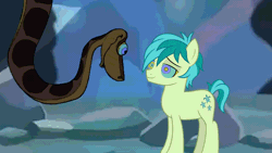 Size: 1280x720 | Tagged: safe, artist:ocean lover, derpibooru import, edit, vector edit, sandbar, earth pony, pony, python, snake, season 8, what lies beneath, spoiler:s08, animated, cute, disney, g4, gif, happy, hypno eyes, hypnosis, hypnotized, image, kaa, kaa eyes, lidded eyes, looking at each other, looking at someone, male, sandabetes, swirly eyes, the jungle book, tired, two toned mane, underground, vector, youtube link