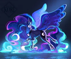 Size: 1800x1500 | Tagged: safe, artist:kori-z, derpibooru import, princess luna, alicorn, pony, bracer, chest fluff, female, image, jewelry, mare, peytral, png, raised hoof, regalia, solo, spread wings, wings