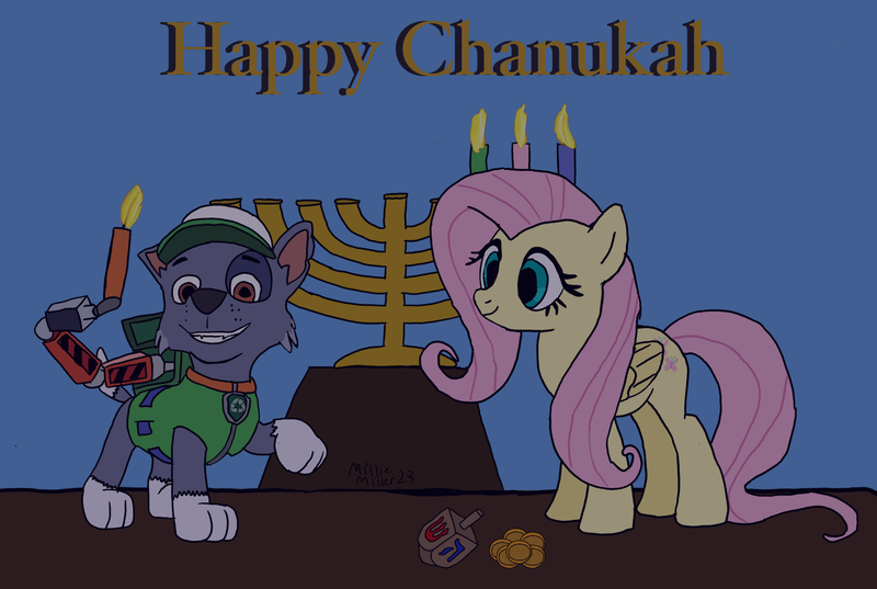 Size: 2609x1750 | Tagged: safe, artist:amelia, derpibooru import, fluttershy, pegasus, chanukah, dreidel, g4, hanukkah, image, judaism, menorah, paw patrol, png, rocky (paw patrol)