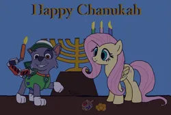 Size: 2609x1750 | Tagged: safe, artist:amelia, derpibooru import, fluttershy, pegasus, chanukah, dreidel, g4, hanukkah, image, judaism, menorah, paw patrol, png, rocky (paw patrol)