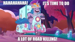 Size: 1280x720 | Tagged: safe, derpibooru import, edit, edited screencap, screencap, izzy moonbow, earth pony, pony, g5, my little pony: tell your tale, funny, goofy, image, insanity, jpeg, meme, motorcycle, the rise and fall