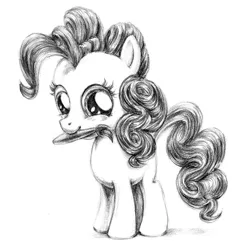 Size: 1724x1714 | Tagged: safe, artist:hunternif, derpibooru import, pinkie pie, earth pony, pony, black and white, female, filly, foal, g4, grayscale, image, jpeg, monochrome, mouth hold, paintbrush, simple background, solo, white background