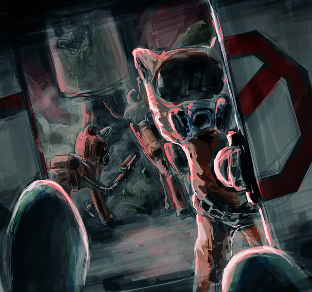 Size: 800x750 | Tagged: semi-grimdark, artist:hunternif, derpibooru import, oc, unofficial characters only, pony, gas, gas mask, hazmat suit, image, jpeg, lab, mask, offscreen character, pov, speedpaint