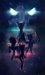 Size: 1805x3028 | Tagged: safe, artist:hunternif, derpibooru import, oc, unofficial characters only, deer, earth pony, pegasus, pony, unicorn, antlers, flying, image, jpeg, lens flare, space, stars