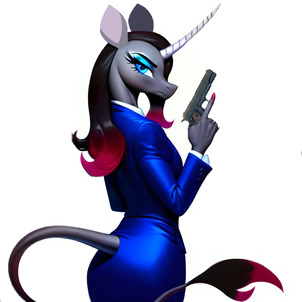 Size: 3072x3072 | Tagged: safe, ai content, derpibooru import, machine learning generated, stable diffusion, oleander (tfh), them's fightin' herds, blue eyes, clothes, community related, formal wear, generator:purplesmart.ai, gun, handgun, image, james bond, leonine tail, m1911, pistol, png, simple background, solo, spy, suit, tail, trigger discipline, weapon, white background