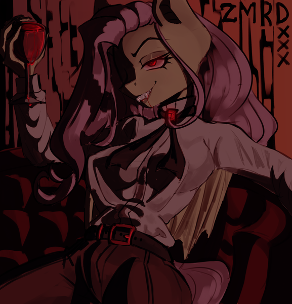 Size: 2500x2600 | Tagged: semi-grimdark, artist:zxmxrxd, derpibooru import, fluttershy, anthro, bat pony, pony, undead, vampire, bat ponified, blood, breasts, busty fluttershy, fangs, female, flutterbat, glass, glow, glowing eyes, image, lidd, mare, png, race swap, sitting, solo, wine glass