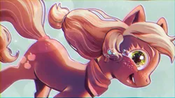 Size: 1280x720 | Tagged: safe, artist:bananitryi, derpibooru import, applejack, earth pony, pony, crying, female, freckles, image, mare, missing accessory, neckerchief, png, smiling, solo