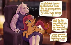 Size: 1280x826 | Tagged: safe, artist:bananitryi, derpibooru import, fluttershy, anthro, goat, pegasus, pony, annoyed, armchair, blushing, chair, clothes, crossover, dialogue, dress, duo, eyes closed, female, image, impatient, jpeg, lying down, mare, prone, sitting on lap, sitting on person, speech bubble, toriel, undertale