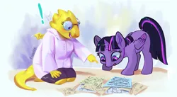 Size: 1280x703 | Tagged: safe, artist:bananitryi, derpibooru import, twilight sparkle, twilight sparkle (alicorn), alicorn, pony, reptile, alphys, clothes, coat, crossover, diagram, duo, exclamation point, female, freckles, glasses, image, jpeg, mare, undertale