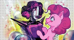 Size: 1280x693 | Tagged: safe, artist:bananitryi, derpibooru import, pinkie pie, earth pony, pony, robot, abstract background, balloon, crossover, duo, ear piercing, earring, female, hair over one eye, holding a pony, image, jewelry, jpeg, male, mare, mettaton, piercing, undertale